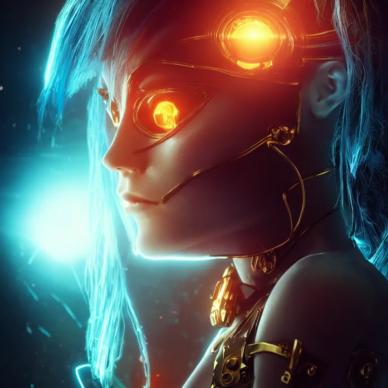 Image similar to beautiful cinematic poster, female cyberpunk cyborg, a gold circuit mask, brilliant blue flowing hair, beautiful glowing eyes, wideshot ultrawide angle epic scale, hybrid from the elden ring and art direction by darius zawadzki, wayne reynolds artstation ; cinematic quality character render ; low angle ; ultra high quality model, quality cinema model