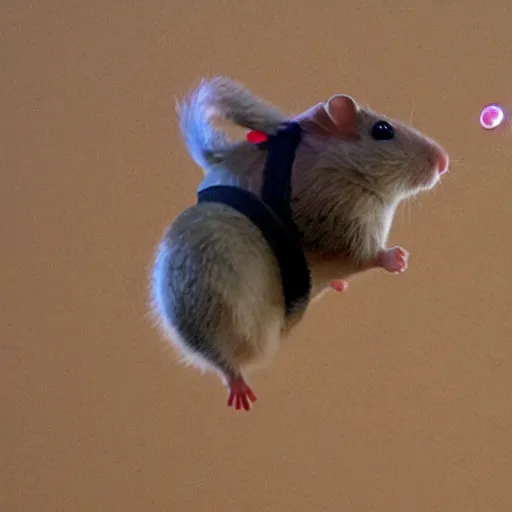 Image similar to a photo of a hamster flying using a jetpack while launching missiles at the camera