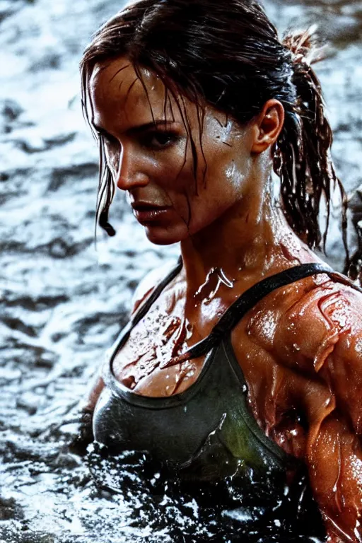 Prompt: a film still of lara croft, close up face, muscular body, drenched body, photography, wet dripping hair, emerging from the water