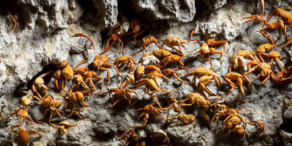 Image similar to crabs during a feeding frenzy inside of a cave, speleothems, limestone, rock strata, torches, rituals, carrion, extremely detailed, photorealistic, 4 k, 8 k
