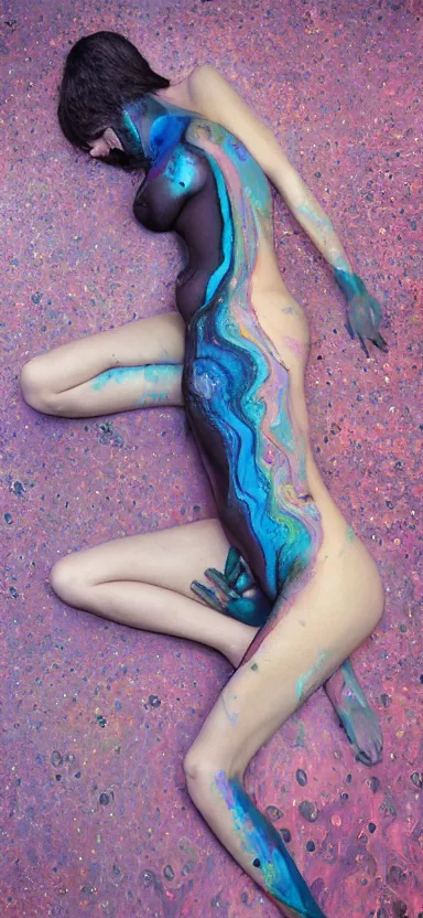 Image similar to 3 d female body silhouette sleeping in marbling liquid acrylic fluid drops, art noveauand art deco, klimt, modern, black colors, cinestill, 7 0 mm photography, photography by amy leibowitz and volfgang schneider, bodypainting, painting by morava and goldalh, artstation, epic concept art, beautiful female face matte painting