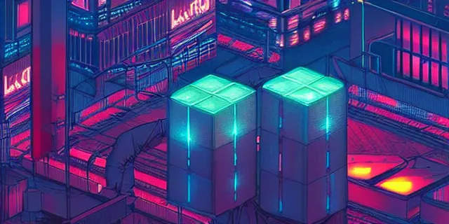 Image similar to large glowing cubes floating in the middle of a cyberpunk tokyo 2 0 9 9 city, in the art style of dan mumford and marc simonetii, atmospheric lighting, intricate, volumetric lighting, beautiful, sharp focus, ultra detailed