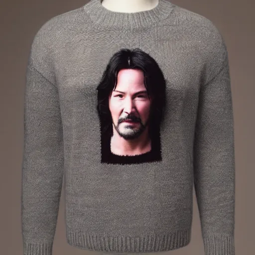 Prompt: a hand knit wool sweater with an keanu reeves face pattern