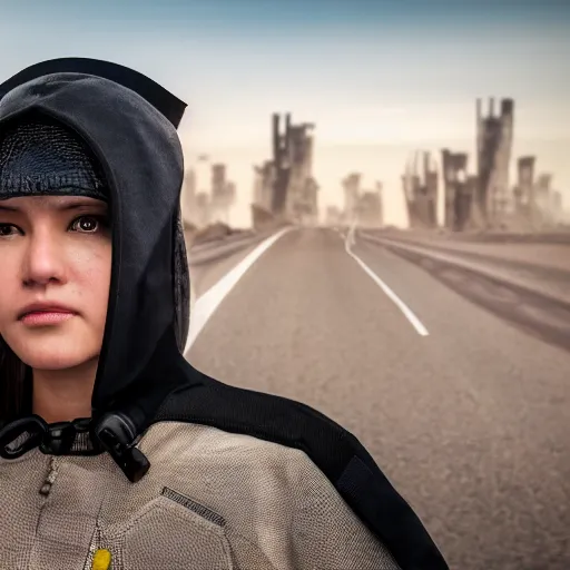 Image similar to photograph of a techwear woman, closeup, on a desert road with a futuristic city in the horizon, long exposure, sigma 85mm f/1.4, 4k, depth of field, high resolution, 4k, 8k, hd, full color