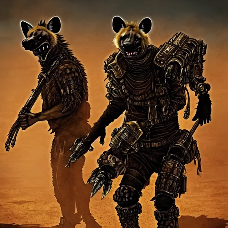 Image similar to a good ol'hyena fursona ( from the furry fandom ), heavily armed and armored facing down armageddon in a dark and gritty version from the makers of mad max : fury road. witness me.