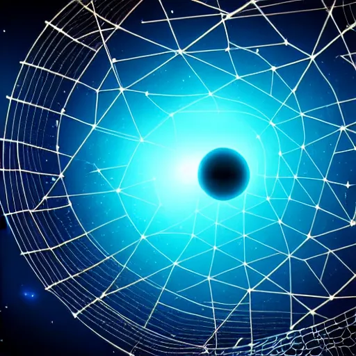 Prompt: a black hole inside a golden dodecahedron wireframe structure, deep blue and dark cyan nebula background, highly detailed artwork