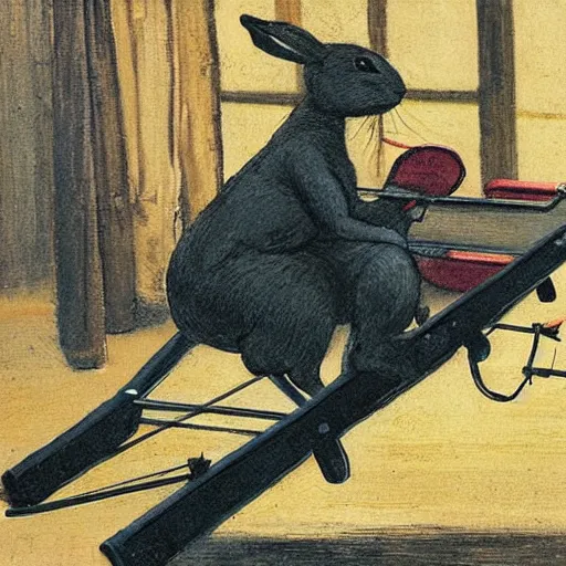 Image similar to a rabbit using a rowing machine, in the style of ilya repin