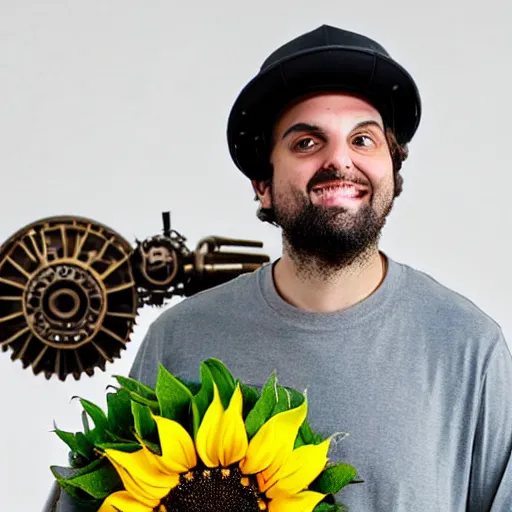 Image similar to ethan klein as a steampunk robot holding a large sunflower in a long futuristic hallway