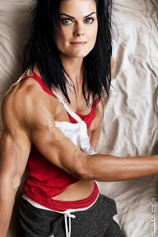 Prompt: realistic photograph. warrior woman, 2 7 years old, in her bedclothes : tight, white tanktop lose, comfortable, red pajama pants. jaimie alexander. her hair is short, straight, raven - black. fair - complected but tan. tall and gracile, except for her thick ripped vascular buff muscular arms and her ample bust.