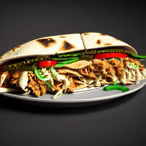 Image similar to ultradetailed still - life shawarma on plate insanely detailed, octane render, cgsociety cyberpunk, neon, vaporwave sci - fi, futuristic, amazing space creature 4 k, 8 k, hyper realism scary, alluring, coveted alive