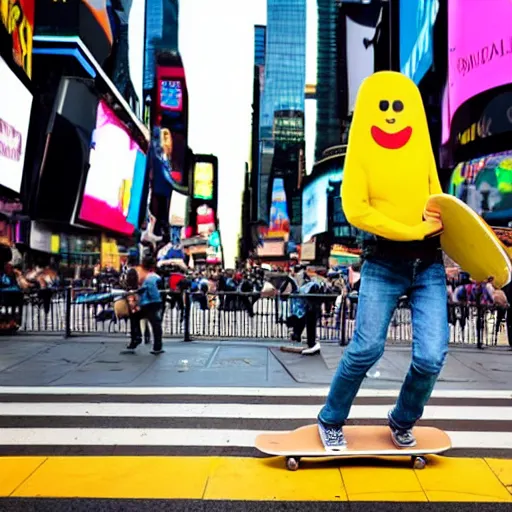 Prompt: a cool lemon riding a skateboard in times square new york