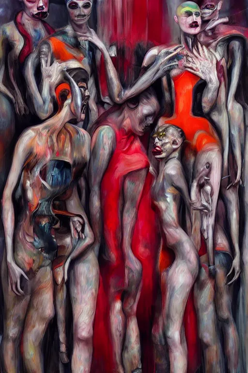 Image similar to crazy fashion catwalk, latex, constructivism, freak show, one model, crazy clothes, biopunk style, horror, hauntingly surreal, highly detailed painting by francis bacon, edward hopper, adrian ghenie, gerhard richter, and james jean 4 k