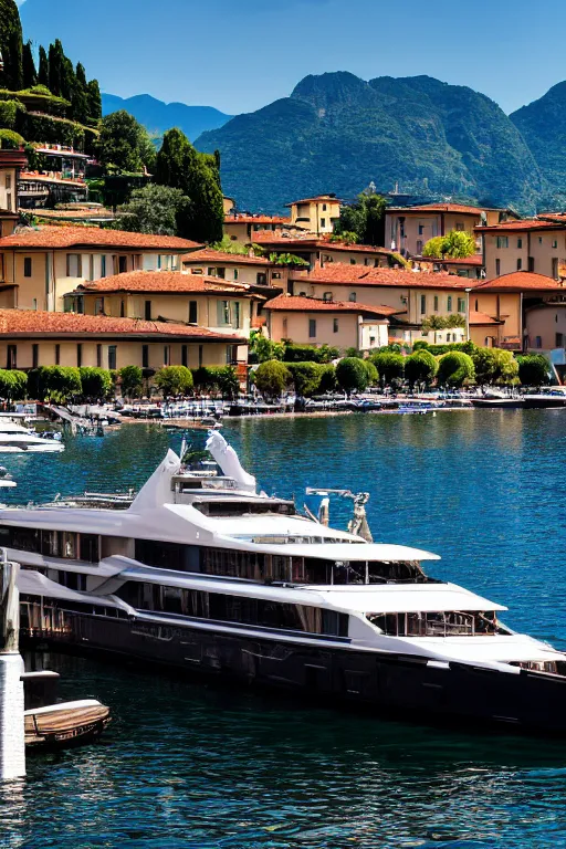 Prompt: Photo of a Riva Aquarama docked in Lake Como, with Lake Como in the background, wide shot, daylight, blue sky, summer, dramatic lighting, award winning, highly detailed, 1980s, luxury lifestyle, fine art print, best selling.