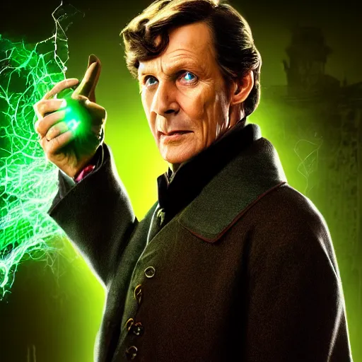 Image similar to Jeremy Brett as Sherlock Holmes as a powerful Warlock, with green energy emanating from his eyes, digital art 8k