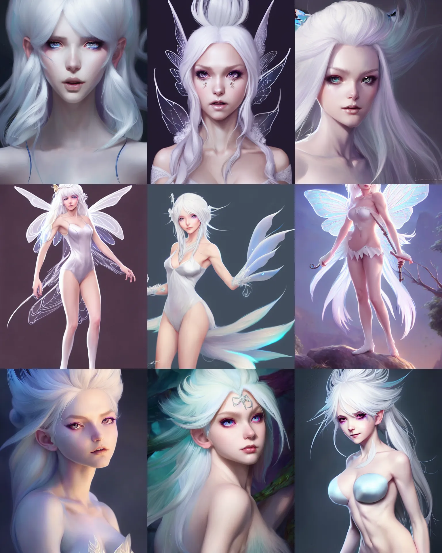 Prompt: full body character concept art of a white haired young gorgeous female fairy mage | | distinct - fine, key visual, realistic shaded perfect face, fine details by stanley artgerm lau, wlop, rossdraws, james jean, andrei riabovitchev, marc simonetti, sakimichan, and jakub rebelka, trending on artstation