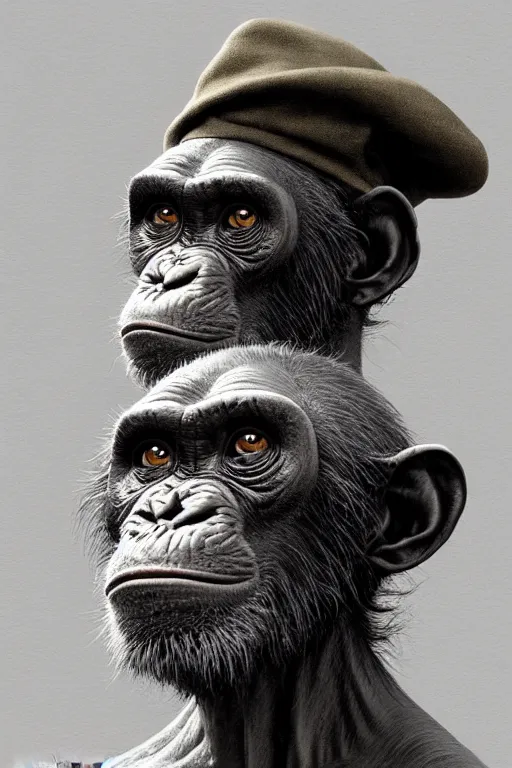 Image similar to portrait of an old chimpanzee wearing a elegant hat, intricate wrinkles, dystopian, sci-fi, evening light, extremely detailed, hands, digital painting, sculpted in zbrush, artstation, concept art, smooth, sharp focus, illustration, chiaroscuro lighting, golden ratio, incredible art by Stanley Artgerm Lau and Greg Rutkowski, composition by Alphonse Mucha and Simon Stalenhag