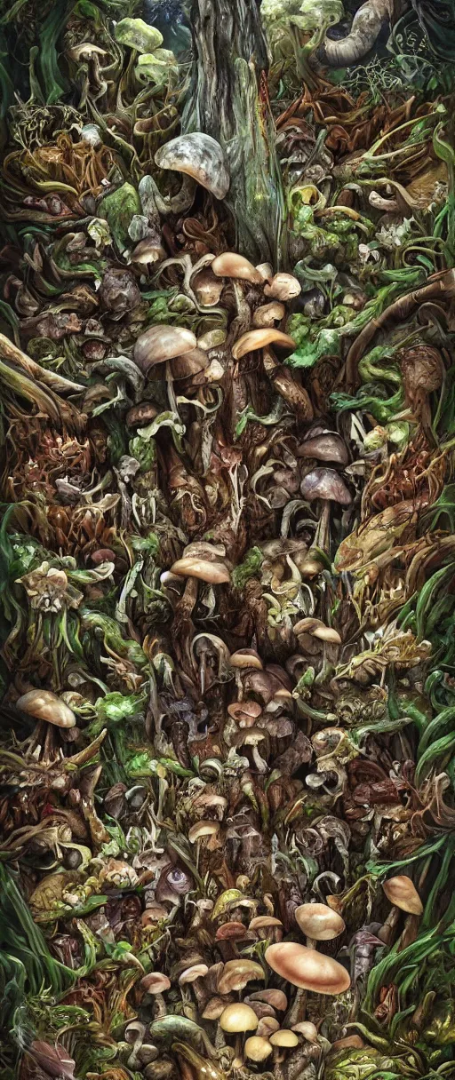 Prompt: detailed sharp focus, goblincore forest, mushrooms, frogs, snails, bones, bird skulls, shiny rocks, artwork by Victor Adame Minguez + Yuumei + Tom Lovell + Sandro Botticelli,