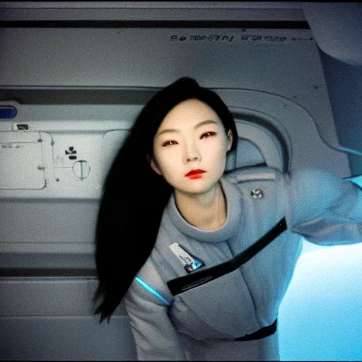 Image similar to a korean woman with long black hair and grey / black futuristic metallic clothing floating in zero - gravity in a spaceship with a white and blue futuristic interior. orange lighting, kodak film grain, expired film