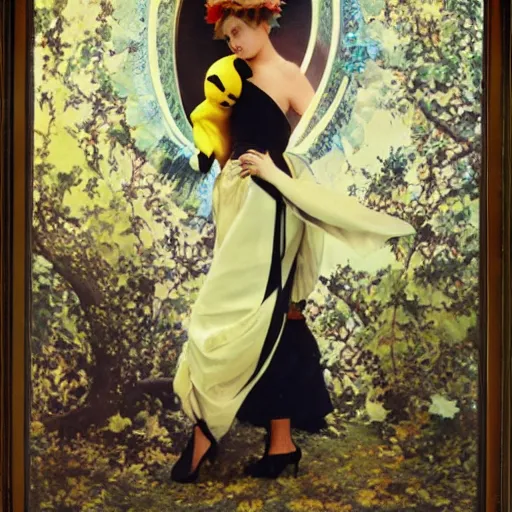 Image similar to elegant woman dressed up as pikachu, art photo by Annie Liebovitz and Alphonse Mucha