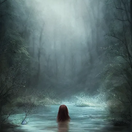 Image similar to forest child in a river, leesha hannigan, ross tran, fantasy, light, highly detailed faces, artwork, fog, forest