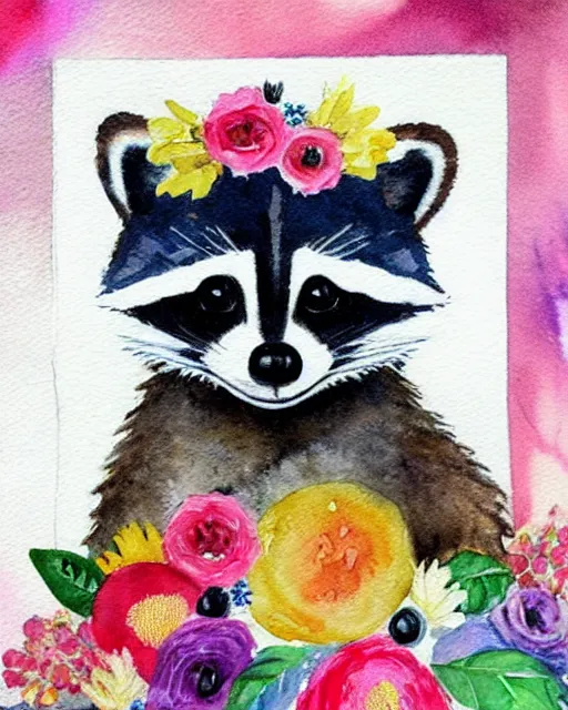 Prompt: a painting of a raccoon wearing a flower crown, a watercolor painting by annabel kidston, a storybook illustration, trending on pinterest, rococo, made of flowers, watercolor, whimsical, white paper