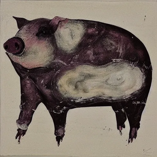 Image similar to “pig paintings and pig sculptures in a pig art gallery, pork, ikebana white flowers, white wax dripping, squashed raspberry stains, charcoal on paper, by munch and Dali”