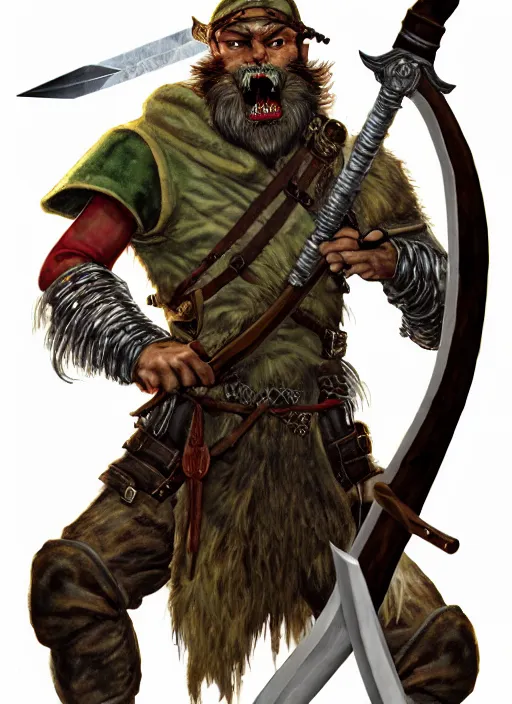 Image similar to strong young man, photorealistic bugbear ranger holding a flaming sword, black beard, dungeons and dragons, pathfinder, roleplaying game art, hunters gear, jeweled ornate leather and steel armour, concept art, character design on white background, by alan lee, norman rockwell, makoto shinkai, kim jung giu, poster art, colours red and green