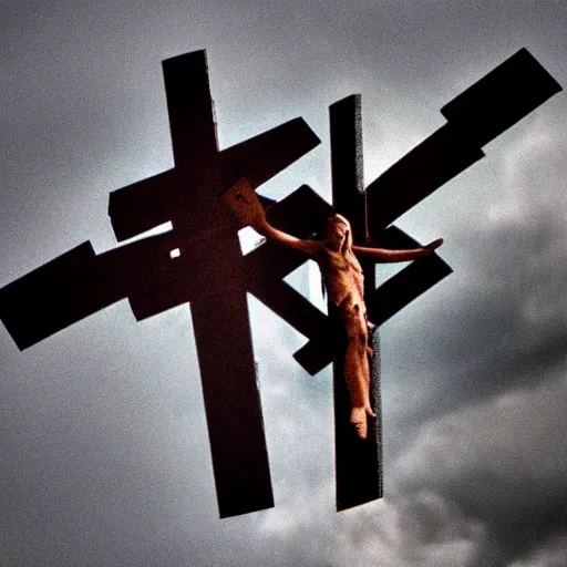 Image similar to jesus crucifixes on top of a fighter jet