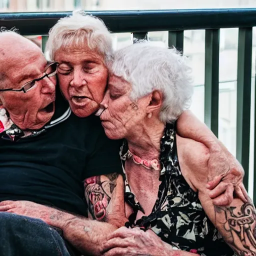 Prompt: punk grandparents slurping midnight kidney suckers on the balcony