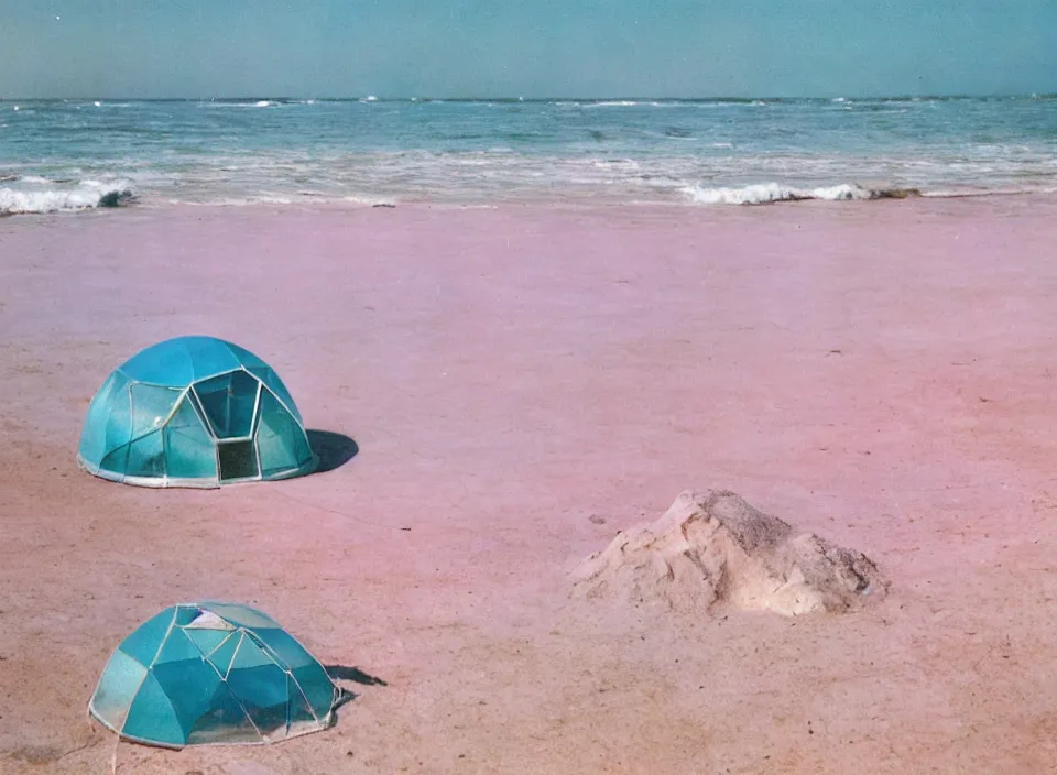 Image similar to a pastel coloured vintage family holiday photo of an empty beach from an alien dreamstate world with chalky pink iridescent!! sand, reflective lavender ocean water, dim bioluminescent plant life and an igloo shaped shiny plastic transparent festival tent. glare. refraction, volumetric light.