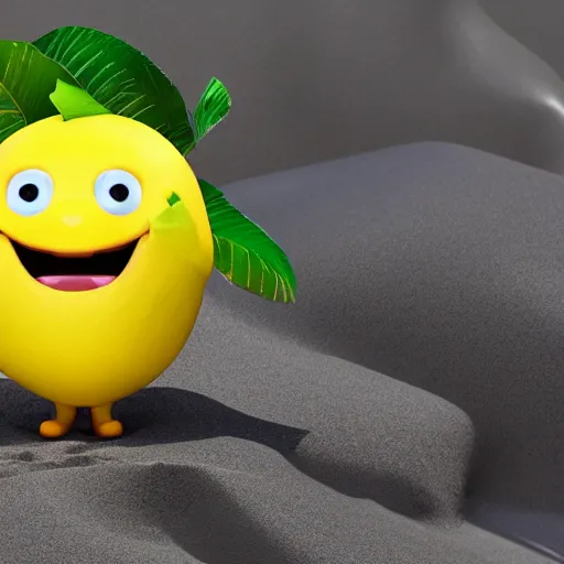 Prompt: a cgi happy smiling lemon character with a leaf on the top and two feet, holding an tropical drink, on the beach, as an octane render