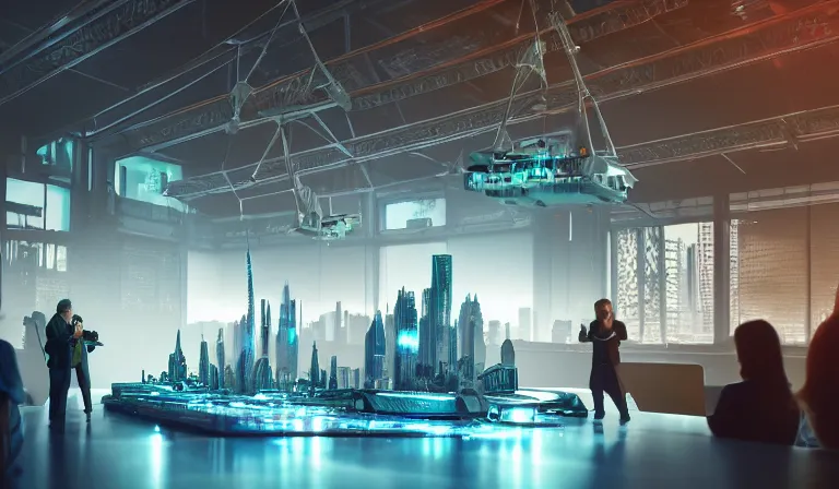 Image similar to group of people in simple warehouse, looking at hologram of futuristic city on a table, cinematic concept art, godrays, golden hour, natural sunlight, 4 k, clear details, tabletop model buildings, center model buildings, hologram center, crane shot, crane shot, crane shot