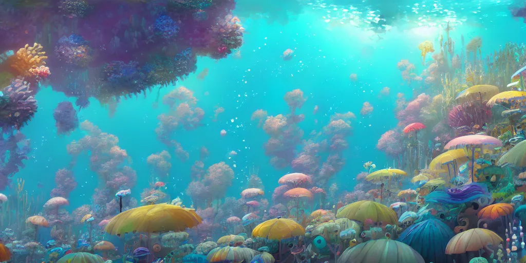 Prompt: a still of an underwater parade, high detail, vibrant, studio ghibli and pixar and disney, game character and environment design, painting brushwork, concept artwork, hd, studio, bloom,