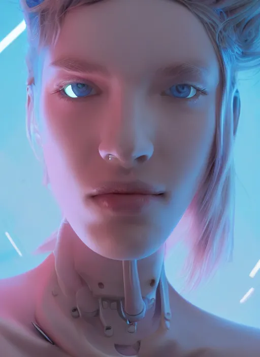 Image similar to white one cast futuristic biomechanics futuristic humanoid, pretty face, beautiful female, futuristic, neon lights, cyberpunk, 8 k, digital painting, by beeple and makoto shinkai, trending on cg society, glamour pose, high fashion, photorealistic, hyper realistic, environmental portrait, ambient occlusion render