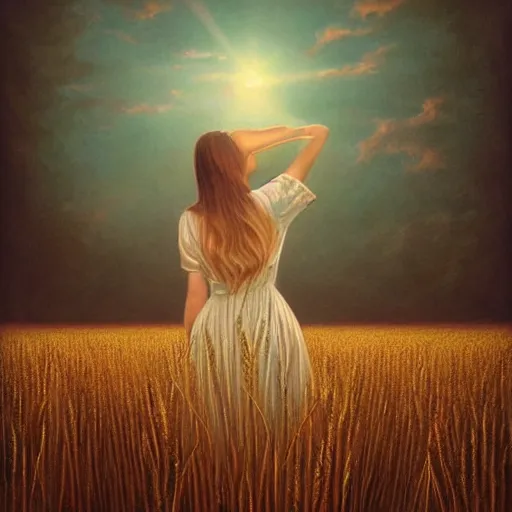 Image similar to close-up shot, a beautiful painting of a girl in a airy semi-transparent thin light dress standing in the glowing wheat fields, mystical setting, afternoon sun, long shadows, photo from the back, by Mark Ryden, artgerm, Bekzinski, WLOP, Felix Kelly and Ross Tran, trending on artstation