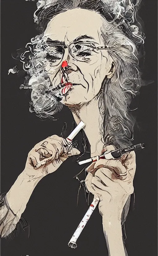 Prompt: woman smoking a cigarette artwork in the style of ralph steadman, 8 k, hyperrealistic, hyperdetailed