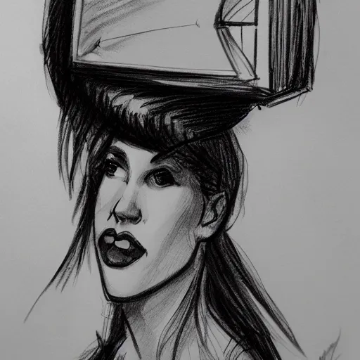 Prompt: sketch of a woman wearing a TV over her head, trending on artstation