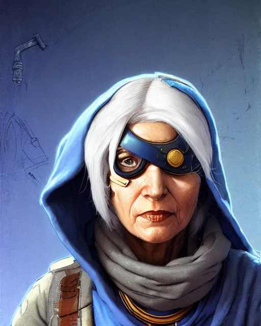 Image similar to ana from overwatch, eye patch, white hair, hooded blue cloak, older egyptian woman, character portrait, portrait, close up, concept art, intricate details, highly detailed, vintage sci - fi poster, in the style of chris foss, rodger dean, moebius, michael whelan, and gustave dore