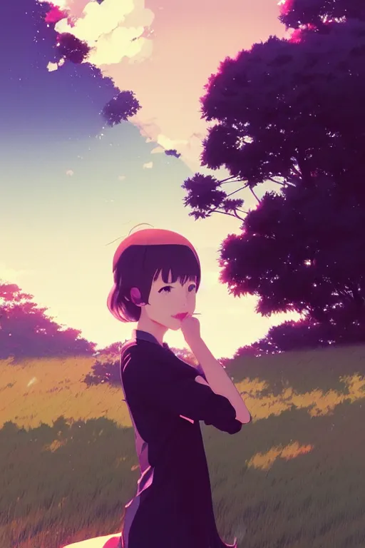 Image similar to portrait of a smiling girl by ilya kuvshinov, cloudy sky background lush landscape ln illustration concept art anime key visual trending pixiv by victo ngai fanbox by greg rutkowski makoto shinkai takashi takeuchi studio ghibli