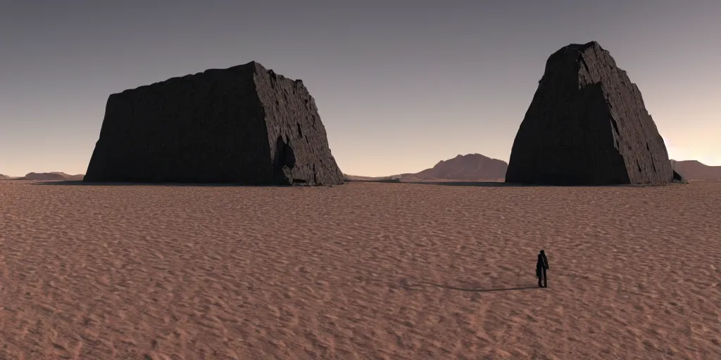 Image similar to an enormous alien black monolith in the desert, a large line of people are walking toward it in a line! starting at the foreground and ending at the building, single file, in the foreground on a rock is an alien creature catching a fly with its tongue, two suns are in the sky, clear skies, volumetric light, hyperdetailed, artstation, cgsociety, 8k