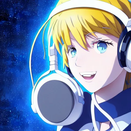 Prompt: Anime key visual of a beautiful girl with blue hair and blue eyes wearing headphones with galaxy background, official media, 4k, very beautiful