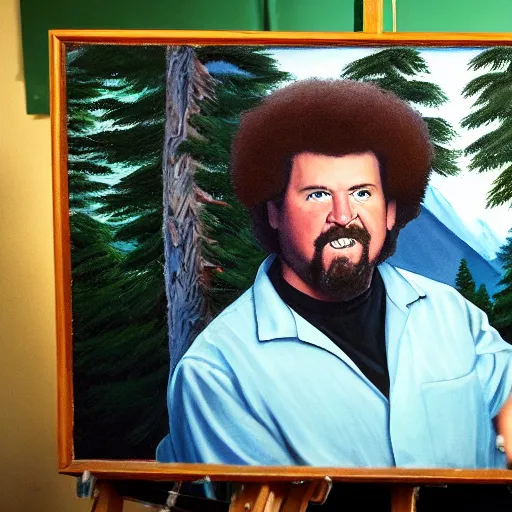 Image similar to a closeup photorealistic photograph of bob ross putting the finishing touches on a canvas painting of kenny powers. mountains and trees. film still. brightly lit scene. this 4 k hd image is trending on artstation, featured on behance, well - rendered, extra crisp, features intricate detail, epic composition and the style of unreal engine.