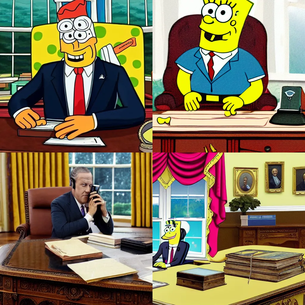 Prompt: realistic still image of spongebob SquarePants as the president sitting in the oval office on the phone