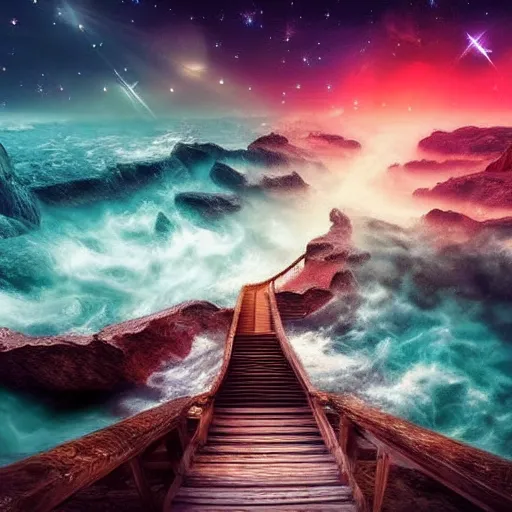 Image similar to a stairway of cosmic water flowing, fantasy, dusk, starry sky, hd, fantasy, 4 k