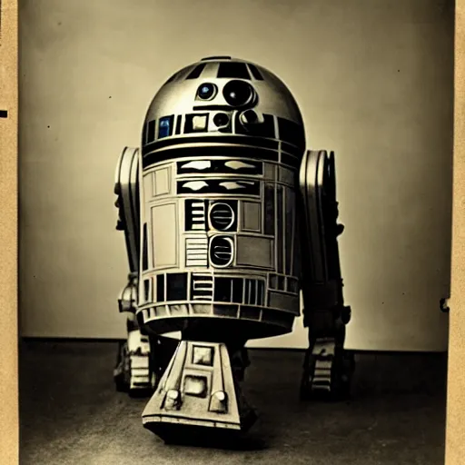 Prompt: Tintype photograph of R2D2 displayed in an ethnographic museum, archive material, anthropology, 1920s studio lighting.