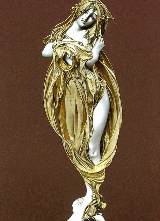 Prompt: Goth girl, fractal silver and gold sculpture by Alphonse Mucha