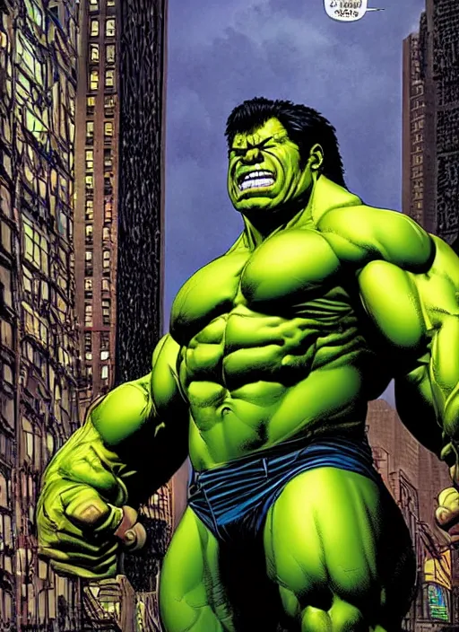 Image similar to a portrait of the incredible hulk looking angry in new york city by joe jusko, simone bianchi and alex ross dramatic lighting.