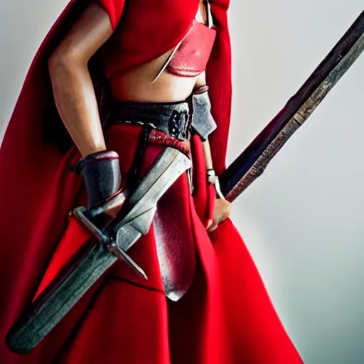 Prompt: long shot photo of a red riding hood valkyrie warrior