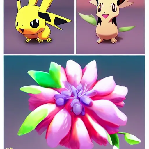 Image similar to A pokemon that looks like A huge flower，Trending on art station. Unreal engine.