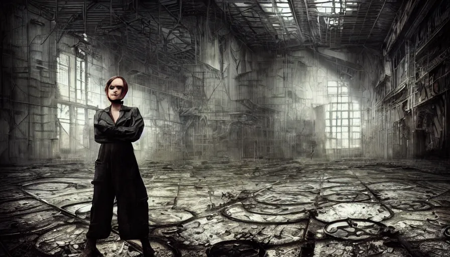 Prompt: dark moody photo of a female mechanic standing on a derelict factory floor with old rusting machinery, elegant, highly detailed, smooth, sharp focus, illustration, beautiful, geometric, art by Tom Bagshaw
